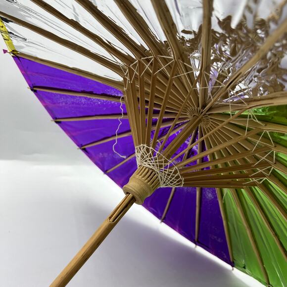 Vintage Shiny Metallic Asian Umbrella Decorative Purple Gold Green Geisha - Picture 9 of 9